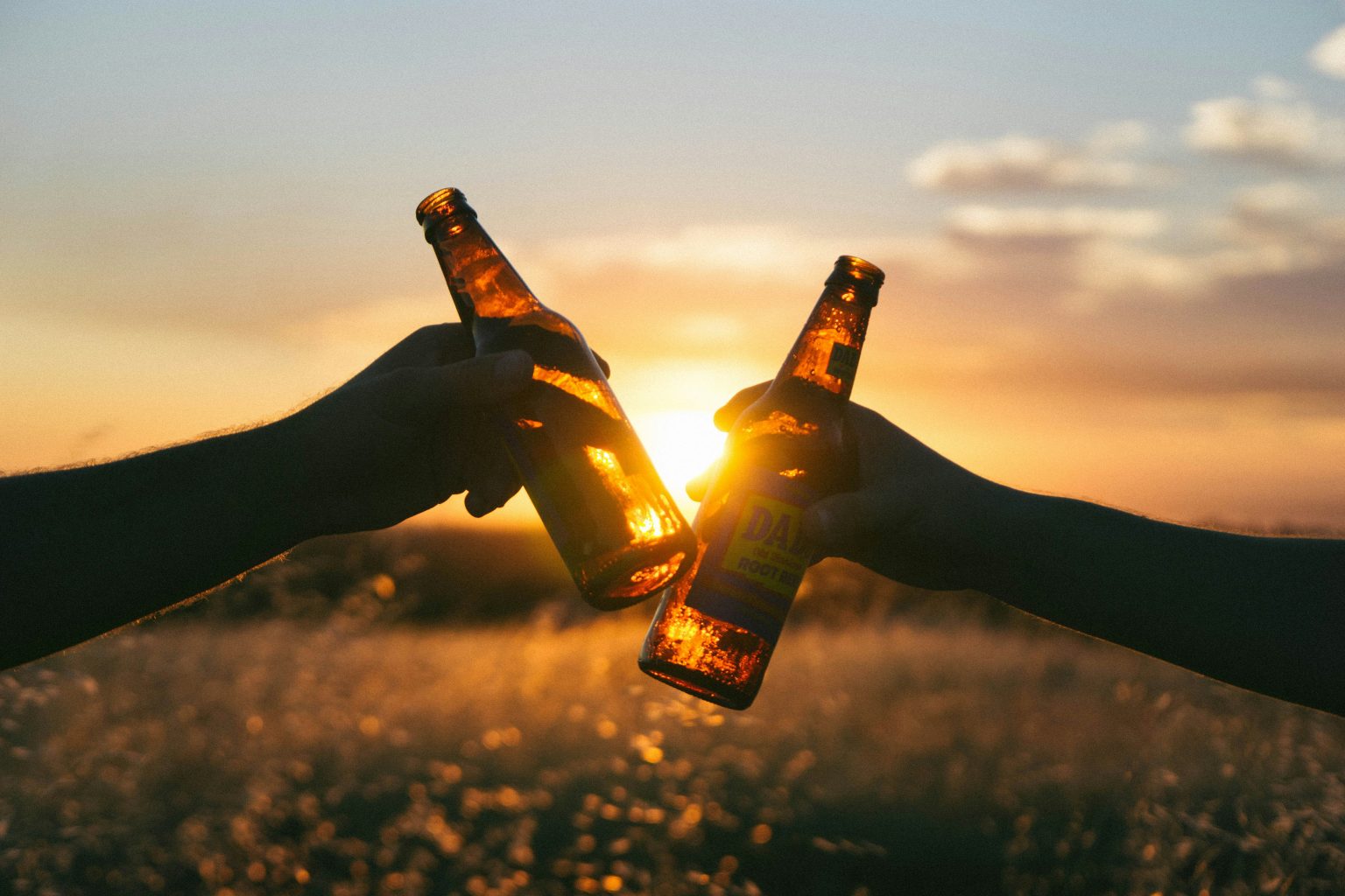 Two people clinking bottles together against a sunset