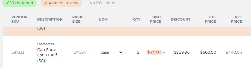 mPower vendor invoice screen showing ten lines auto-matched and four flagged for review