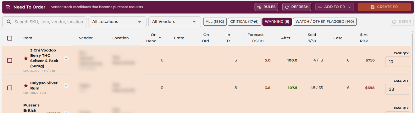 mPower Need To Order screen listing at-risk items with forecast and quantity to order