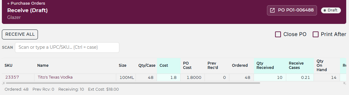 mPower receiving screen matching delivered quantities against the purchase order