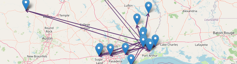 Map of every mPower store location with current stock movements drawn between them