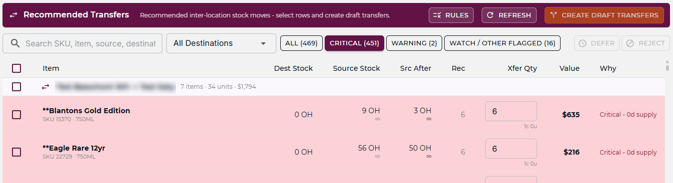 mPower Recommended Transfers screen checking other locations for surplus stock before a purchase order goes out